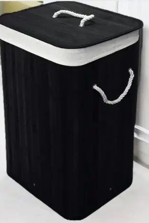 Premium Bamboe Wasmand met Deksel - 72L Zwart