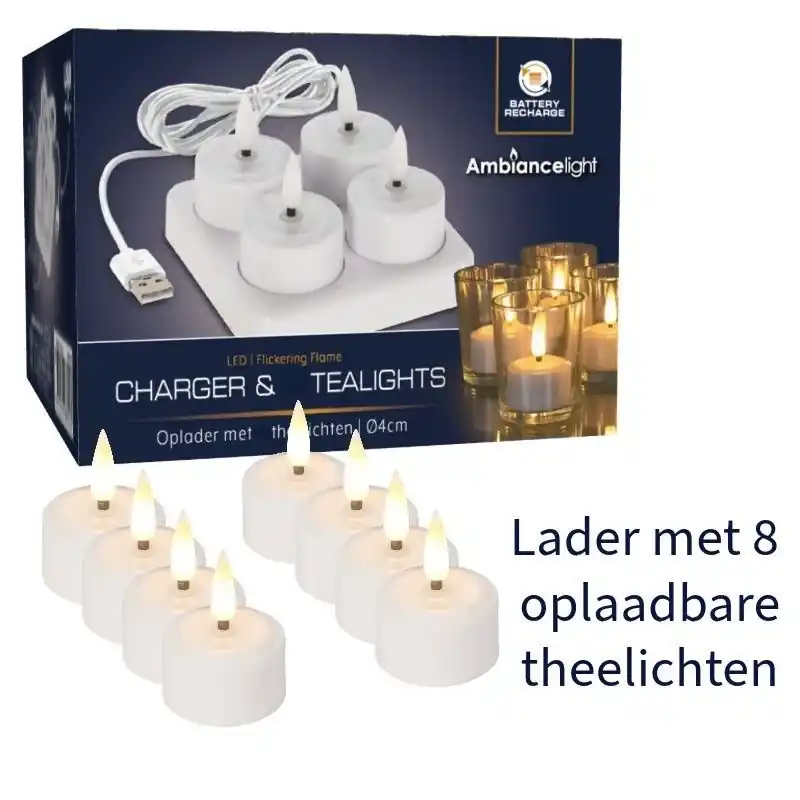 8 Oplaadbare LED Theelichtjes met Lader Speciale Aanbieding