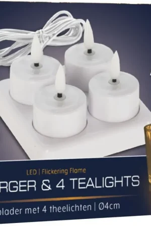 Lader met oplaadbare 4 LED Theelichten Betaalbaar