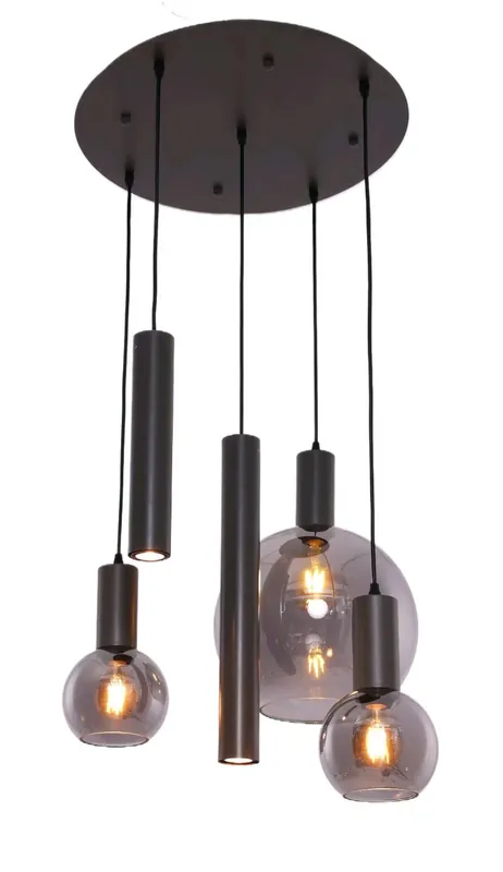 Hoge Kwaliteit Hanglamp Aura - Zwart- 5 lichts - Rond - Smoke glas