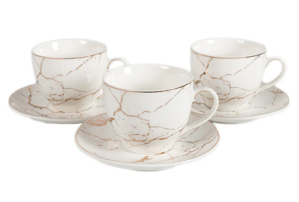 Direct Beschikbaar Koffieset - Fantasy - Marmerlook - Wit / Goud - 6 delig