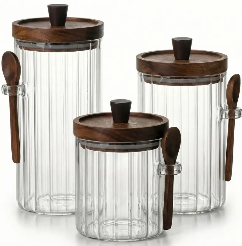 Luxe Ribbelglas Voorraadpotten met Houten Lepel 3 - delig - 10/12/15cm hoogte Direct Verzonden