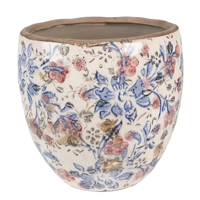 Clayre & Eef Bloempot Ø 18x17 cm Blauw Beige Keramiek Bloemen Uitverkoop