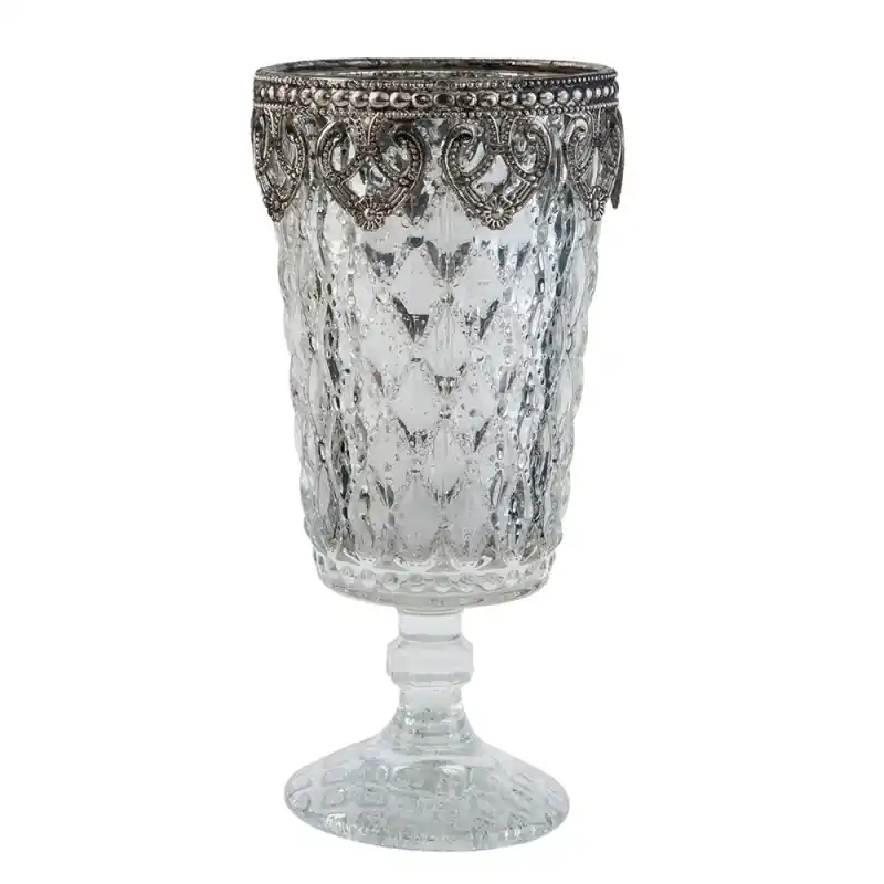 Clayre & Eef Theelichthouder Ø 8x16 cm Zilverkleurig Glas Hoge Kwaliteit