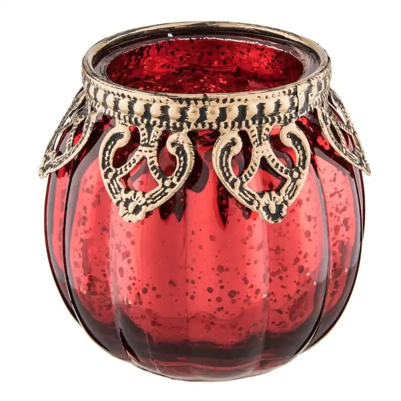Clayre & Eef Theelichthouder Ø 8x8 cm Rood Goudkleurig Glas Lage Kosten