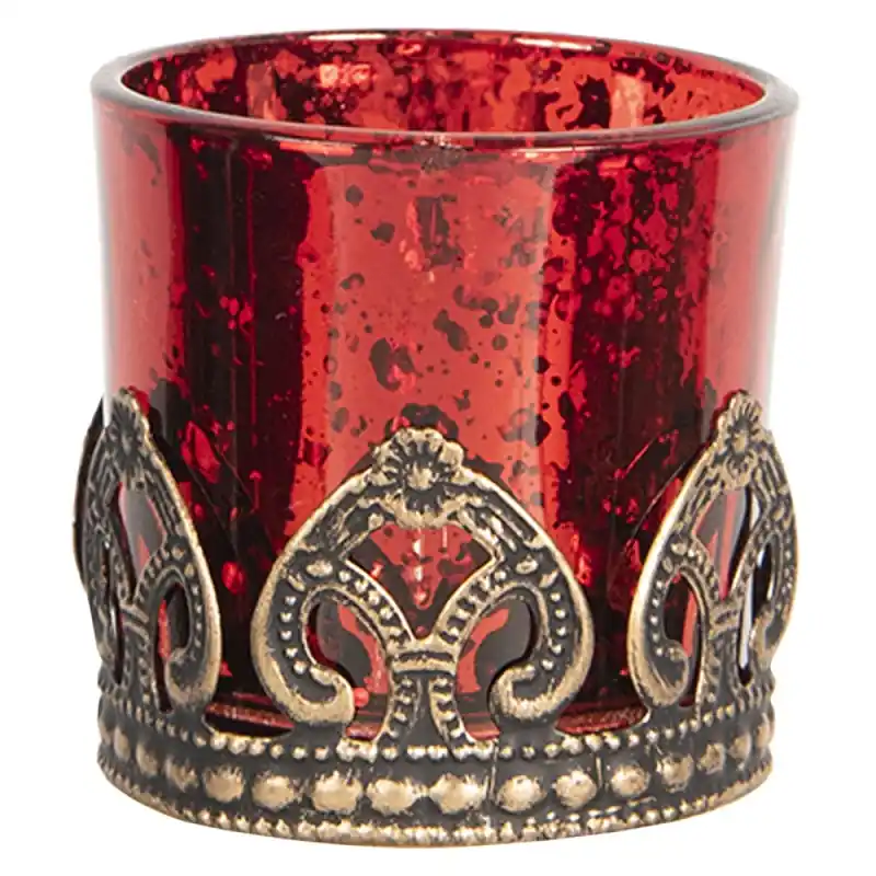 Clayre & Eef Theelichthouder Ø 5x5 cm Rood Goudkleurig Glas Finale Uitverkoop
