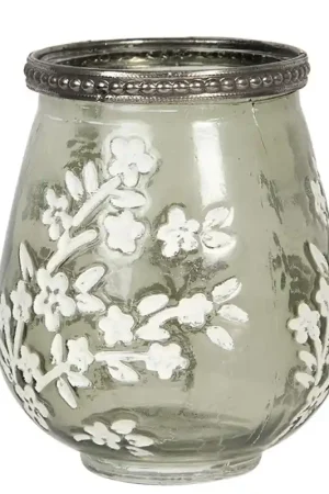 Uitverkoop Clayre & Eef Theelichthouder Ø 9x11 cm Groen Wit Glas Bloemen
