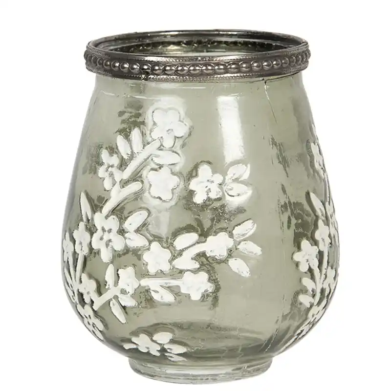 Uitverkoop Clayre & Eef Theelichthouder Ø 9x11 cm Groen Wit Glas Bloemen