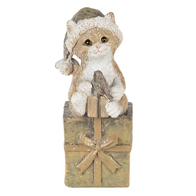 Betaalbaar Clayre & Eef Beeld Kat 5x4x10 cm Bruin Wit Kunststof