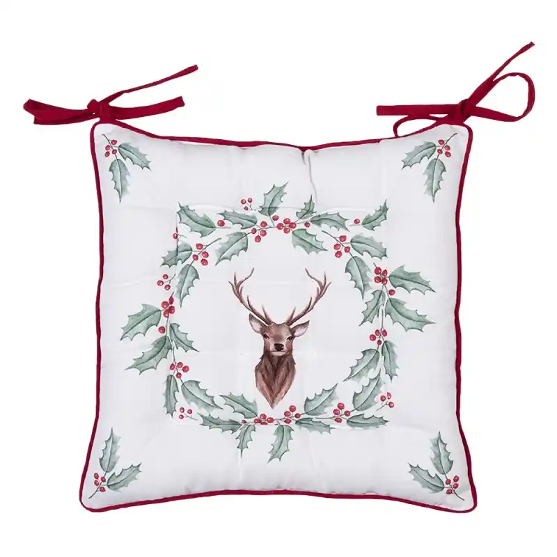 Clayre & Eef Stoelkussen Foam 40x40x4 cm Wit Rood Katoen Hert Hulstbladeren Merkproduct