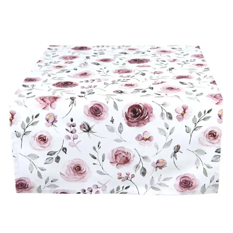 Clayre & Eef Tafelloper 50x140 cm Wit Roze Katoen Rozen Populair