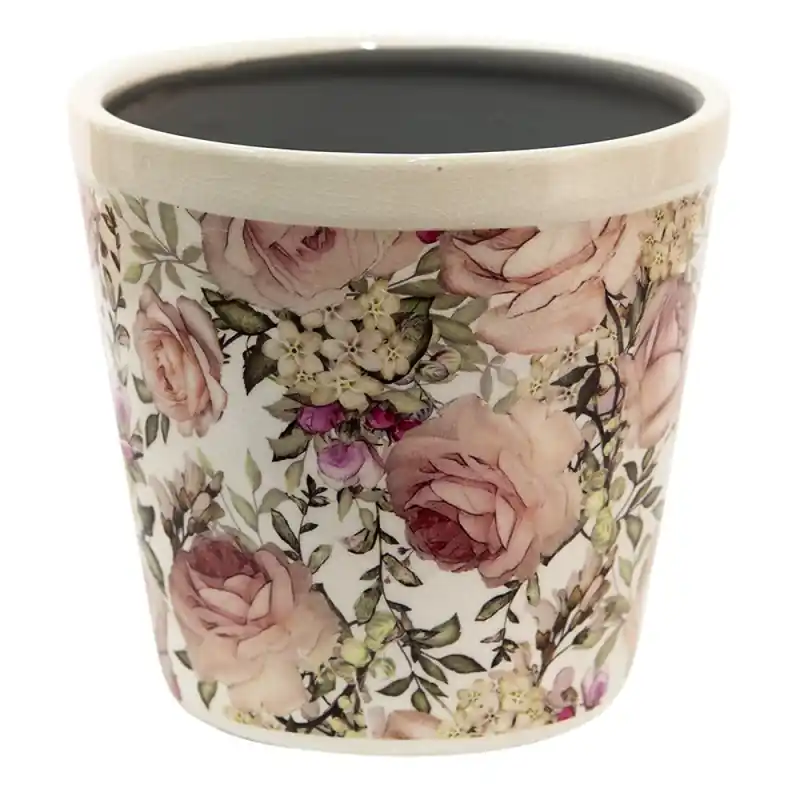 Premium Clayre & Eef Bloempot Ø 17x16 cm Wit Roze Keramiek Bloemen