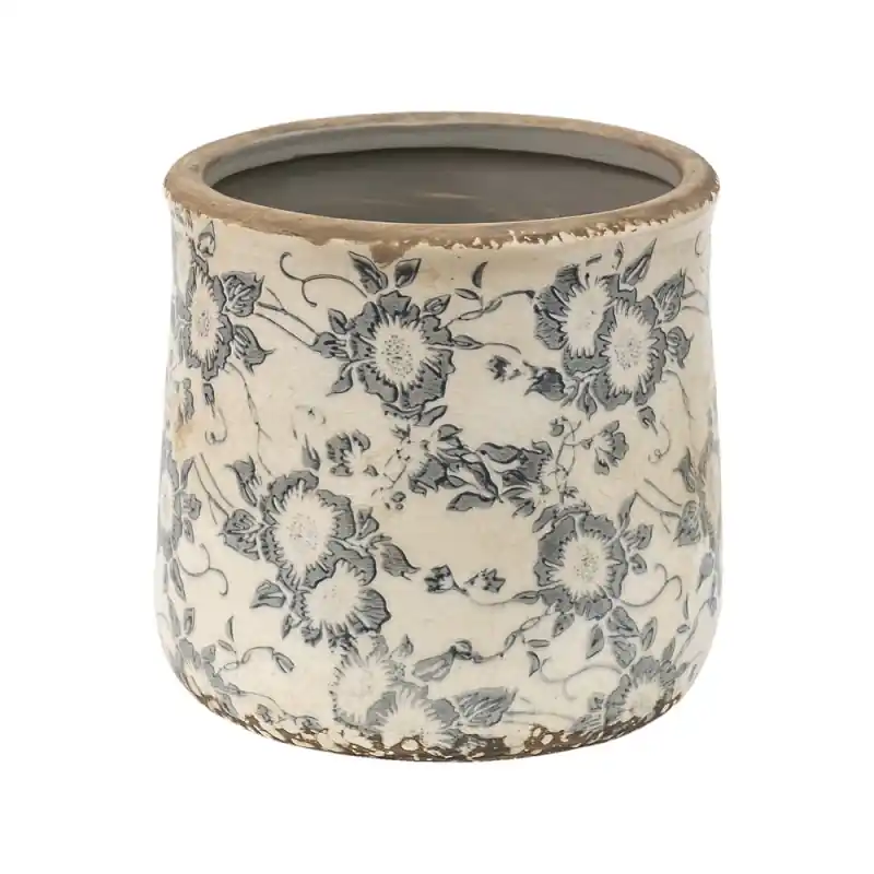 Clayre & Eef Bloempot Ø 14x14 cm Grijs Beige Keramiek Bloemen Uitverkoop