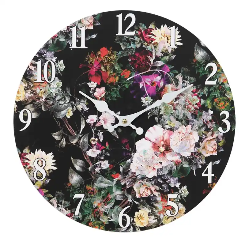 Clayre & Eef Wandklok Ø 34 cm Zwart Groen MDF Bloemen Flitsaanbieding