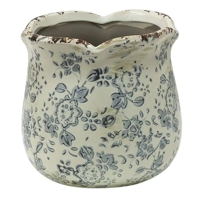 Clayre & Eef Bloempot Ø 12x12 cm Grijs Beige Keramiek Bloemen Voordeelprijs