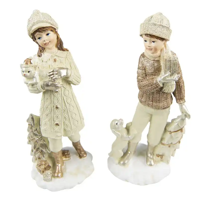 Clayre & Eef Beeld Set van 2 Kinderen 22 cm Beige Polyresin Superprijs