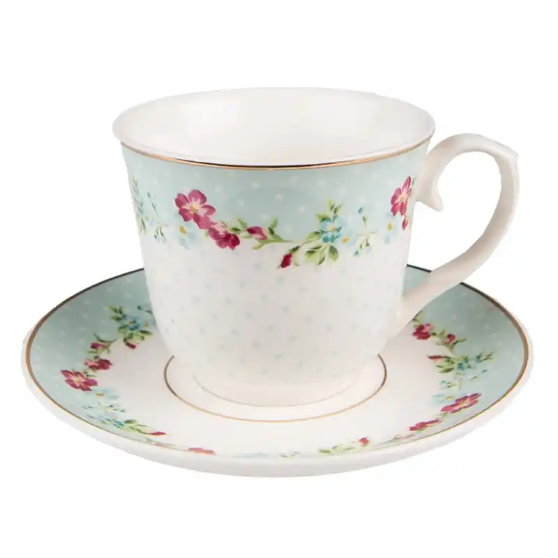Merkproduct Clayre & Eef Kop en Schotel 250 ml Wit Groen Porselein Bloemen