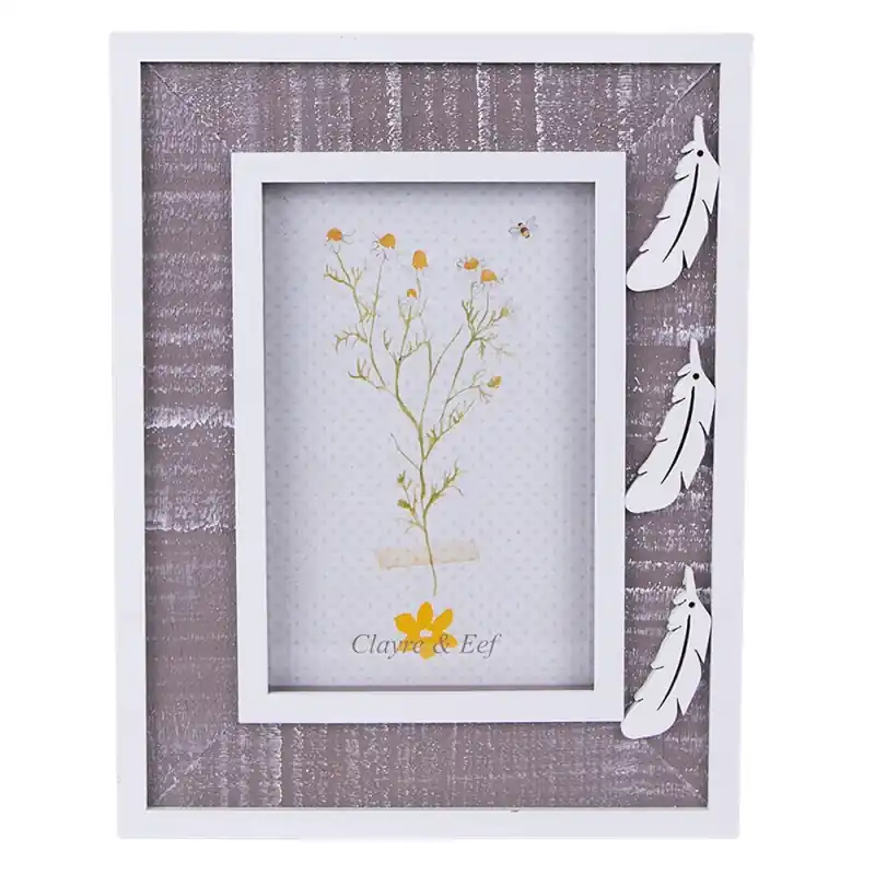 Clayre & Eef Fotolijst 10x15 cm Grijs Wit Hout Veertjes Speciale Aanbieding