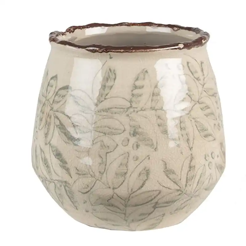 Clayre & Eef Bloempot Ø 14x13 cm Groen Beige Keramiek Bladeren Actieprijs