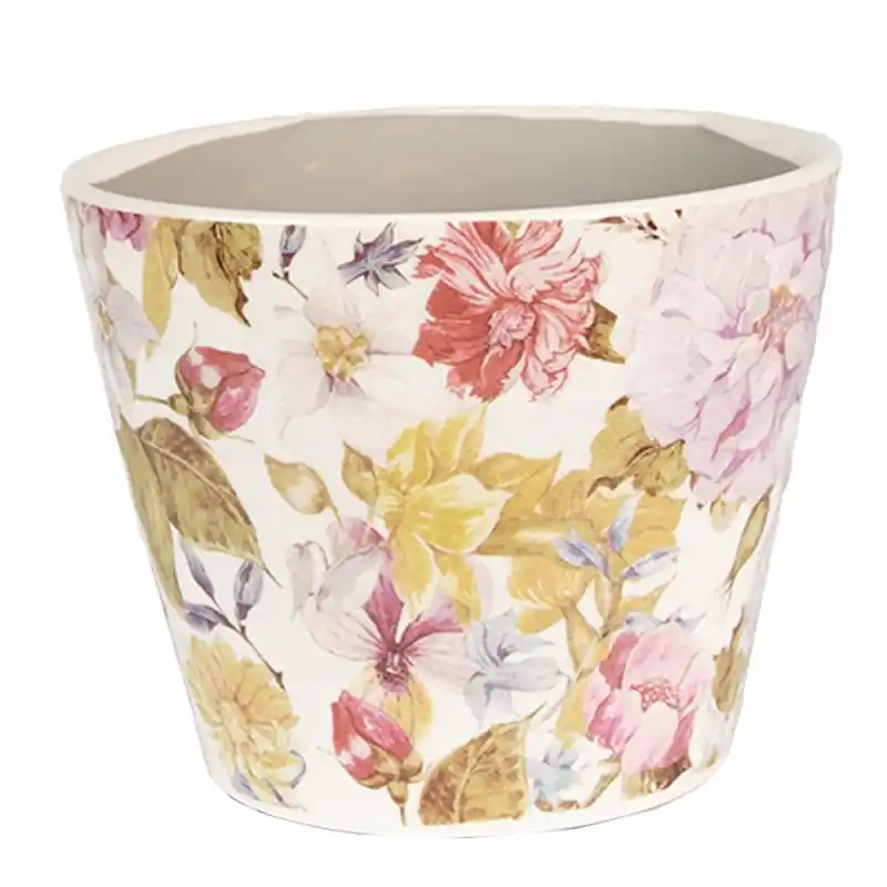 Clayre & Eef Bloempot Ø 12x10 cm Roze Beige Keramiek Bloemen Finale Uitverkoop