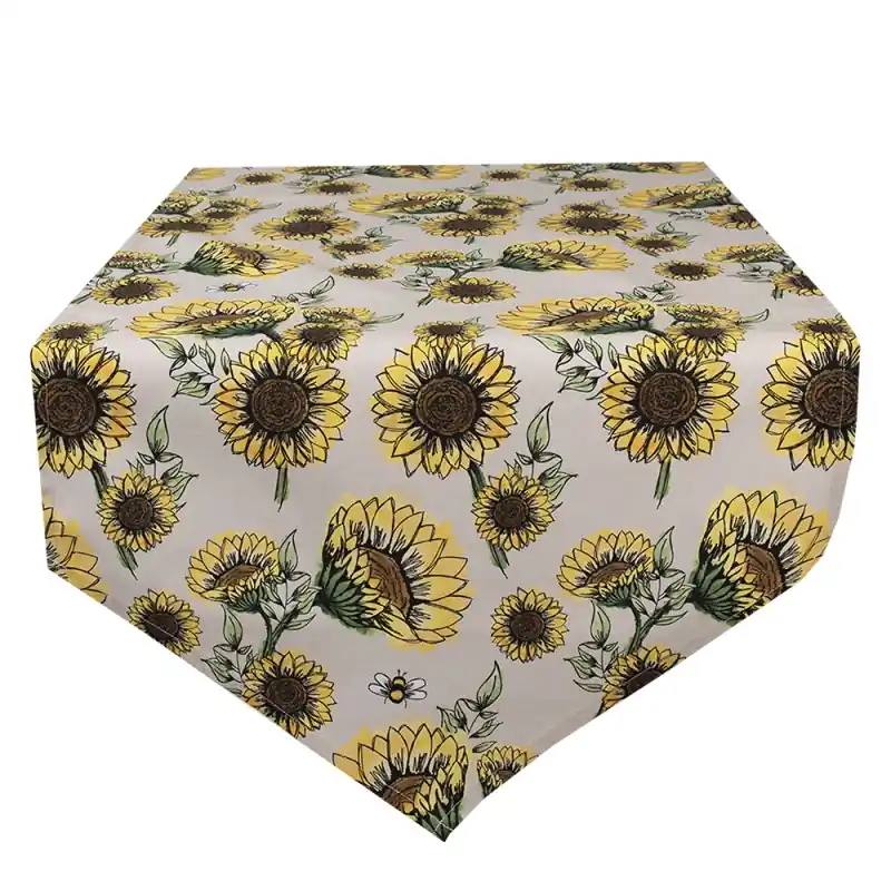 Hoge Kwaliteit Clayre & Eef Tafelloper 50x160 cm Beige Geel Katoen Zonnebloemen