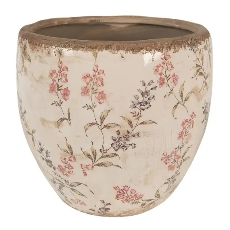 Clayre & Eef Bloempot Ø 18x17 cm Beige Roze Keramiek Bloemen Gecertificeerd