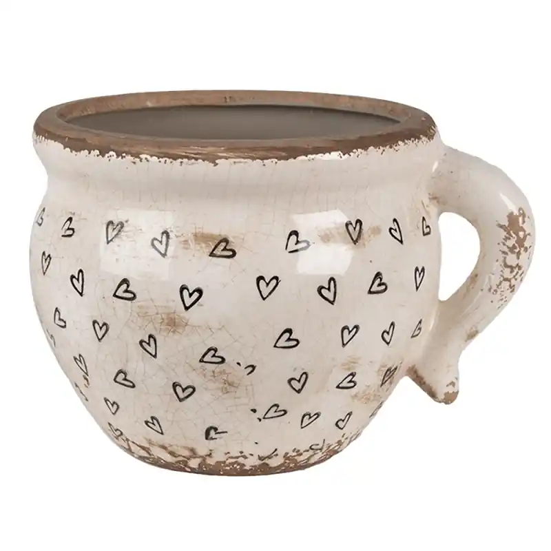 Uitverkoop Clayre & Eef Bloempot 20x17x15 cm Beige Zwart Keramiek Hartjes