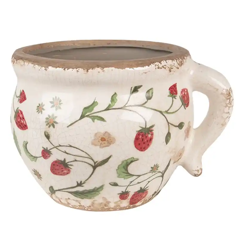 Finale Uitverkoop Clayre & Eef Bloempot 17x14x12 cm Beige Rood Keramiek Aardbeien