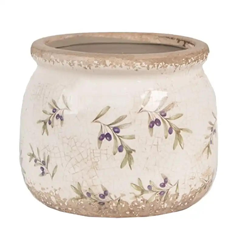 Premium Clayre & Eef Bloempot Binnen Ø 12x10 cm Beige Blauw Keramiek Olijven