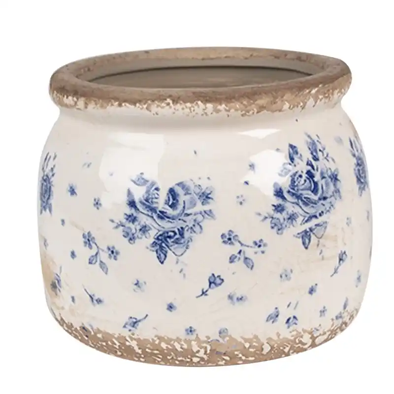 Clayre & Eef Bloempot Ø 12x10 cm Beige Blauw Keramiek Roosjes Beperkte Voorraad