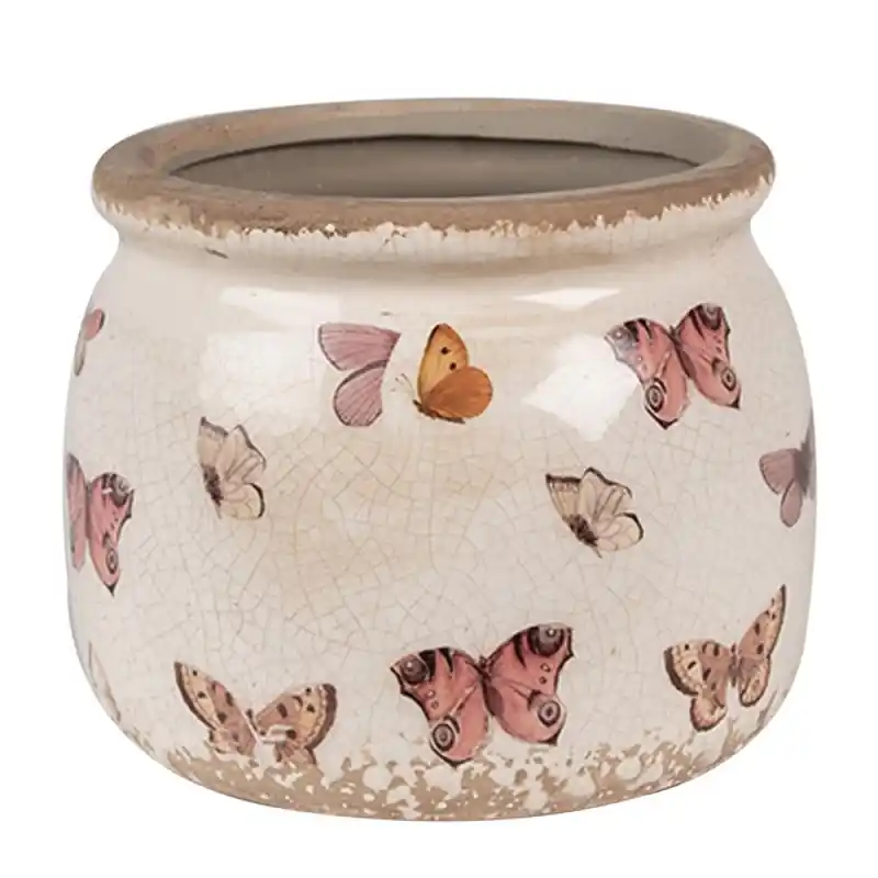 Tijdelijk Beschikbaar Clayre & Eef Bloempot Ø 12x10 cm Beige Roze Keramiek Vlinders