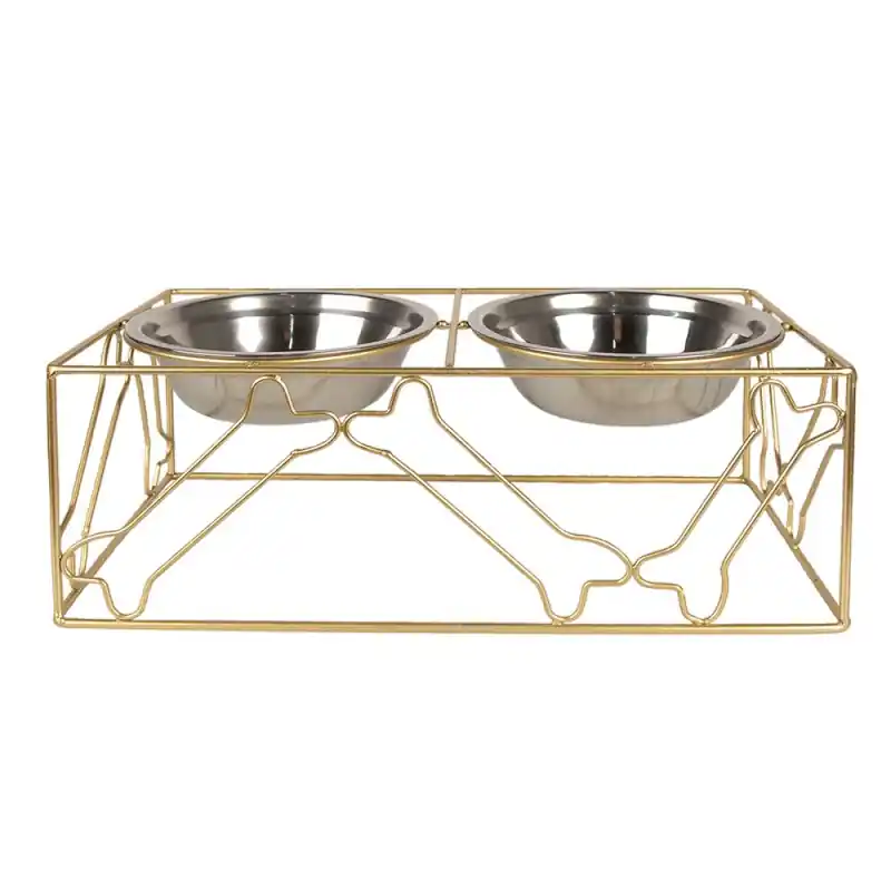 Bestel Nu Clayre & Eef Voerbak hond 2x500 ml Goudkleurig Metaal Kluiven
