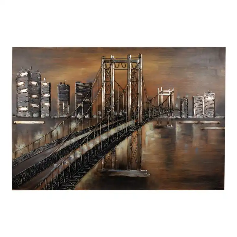 Snelle Levering Clayre & Eef 3D Schilderijen metaal 120x80 cm Goudkleurig Bruin Metaal Stad