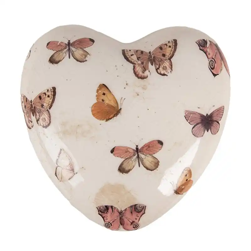 Betrouwbaar Clayre & Eef Decoratie Hart 10X10x4 cm Beige Roze Keramiek Vlinders