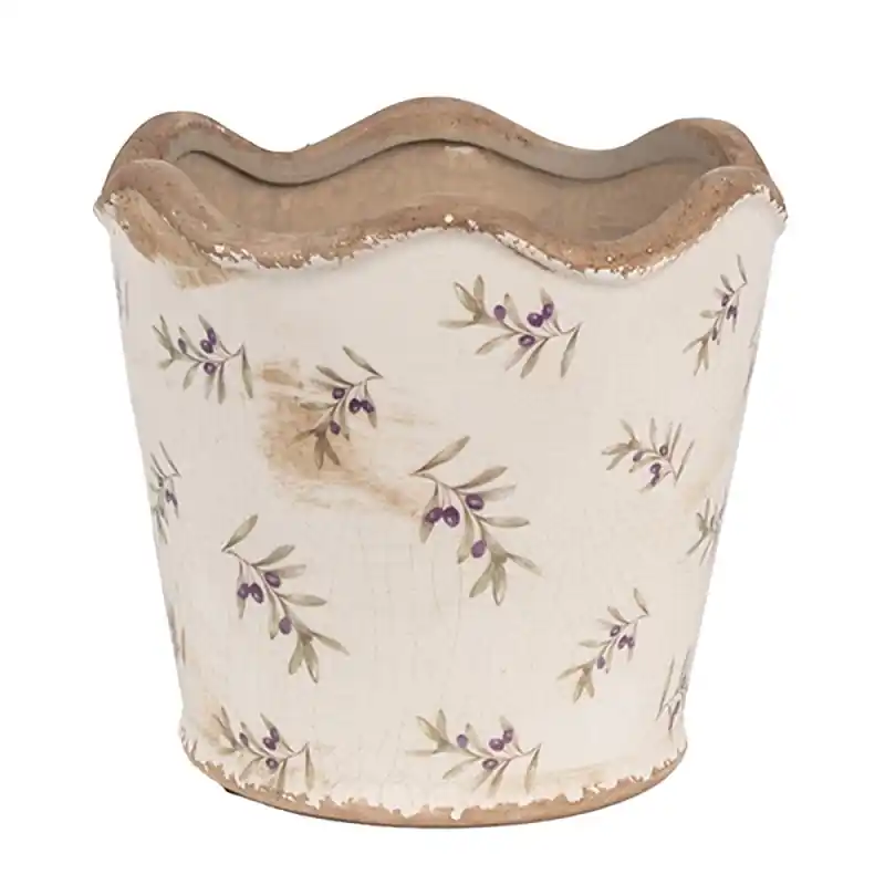 Favoriet Clayre & Eef Bloempot Binnen Ø 16x15 cm Beige Blauw Keramiek Olijven