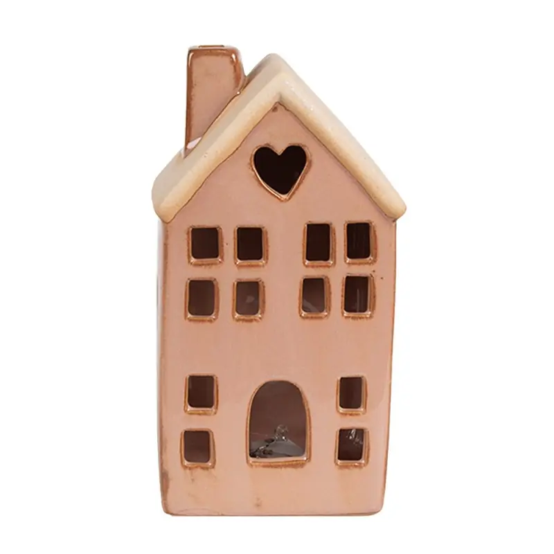 Clayre & Eef Decoratie Huis met LED 8x6x15 cm Bruin Porselein Speciale Aanbieding