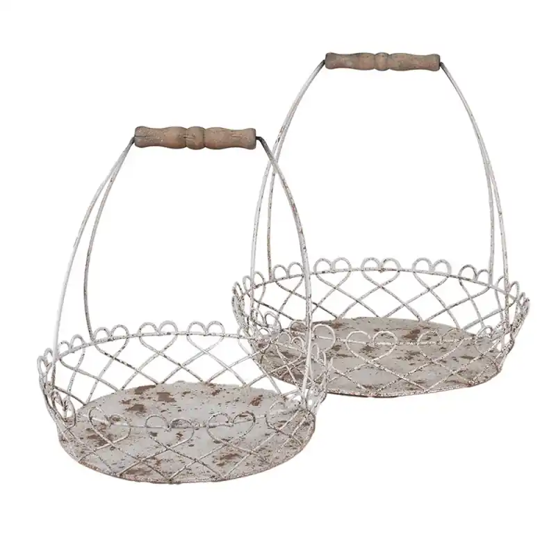 Clayre & Eef Decoratie Mand Set van 2 Ø39/ Ø30 Wit Bruin Metaal Direct Beschikbaar
