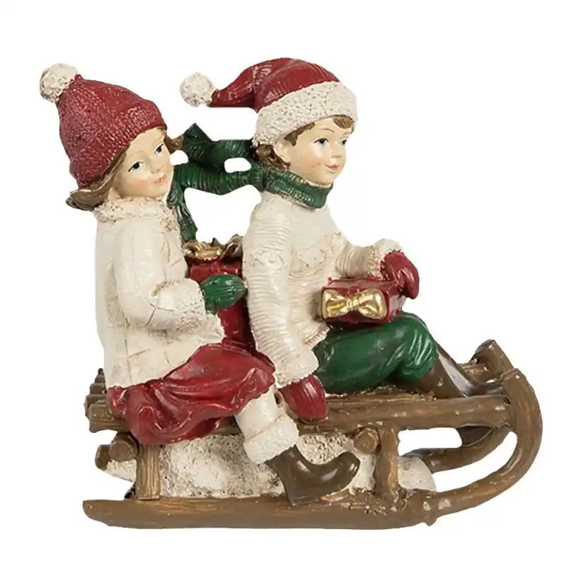 Must-Have Clayre & Eef Decoratie Beeld Kinderen 12x6x11 cm Beige Rood Polyresin Slee