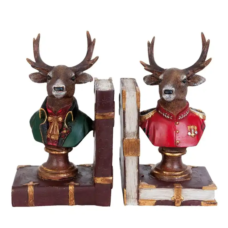 Clayre & Eef Boekensteunen Set van 2 14x13x18 cm Bruin Rood Polyresin Hert Aanbieding