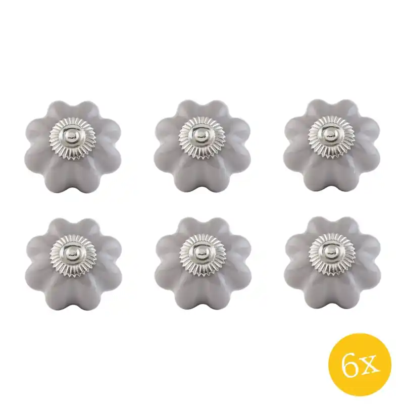 Clayre & Eef Deurknop set van 6 stuks Ø 4 cm Grijs Keramiek Meubelknop Uitverkoop