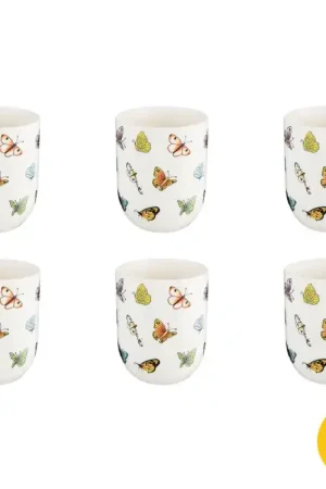 Weekendaanbieding Clayre & Eef Mok set van 6 stuks 100 ml Beige Geel Porselein Rond Vlinders Theemok