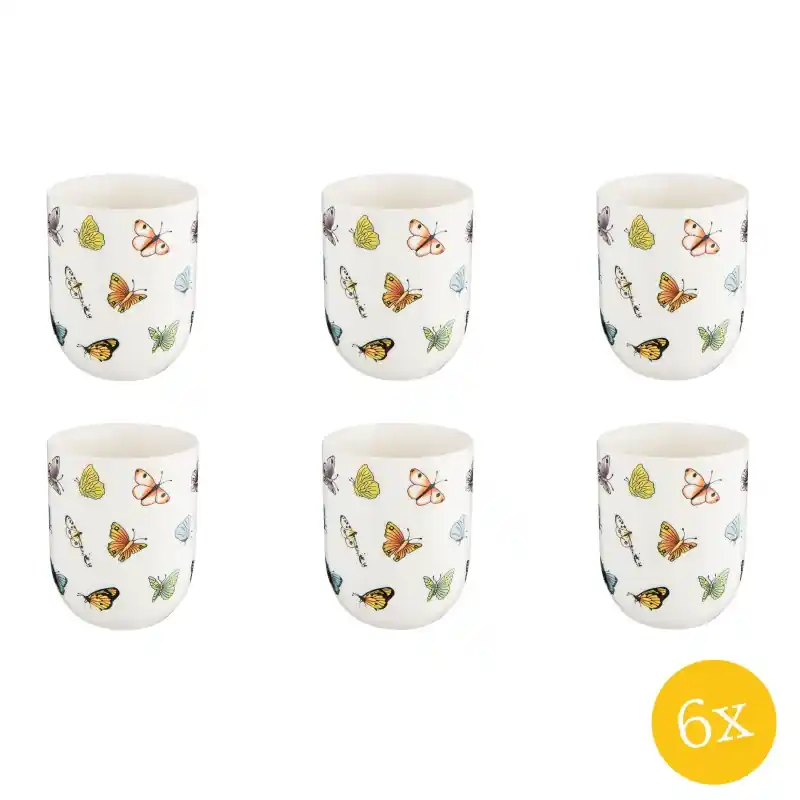 Weekendaanbieding Clayre & Eef Mok set van 6 stuks 100 ml Beige Geel Porselein Rond Vlinders Theemok