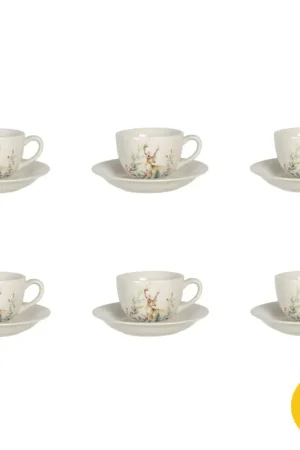 Alleen Vandaag Clayre & Eef Kop en schotel set van 6 stuks schotel 200 ml Wit Keramiek Rond Hert Servies