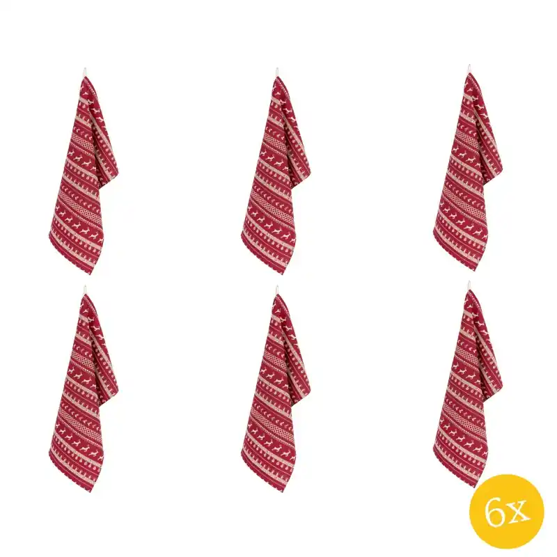 Clayre & Eef Theedoek set van 6 stuks 50x85 cm Rood Beige Katoen Rechthoek Kerst Vaatdoek Veilige Betaling