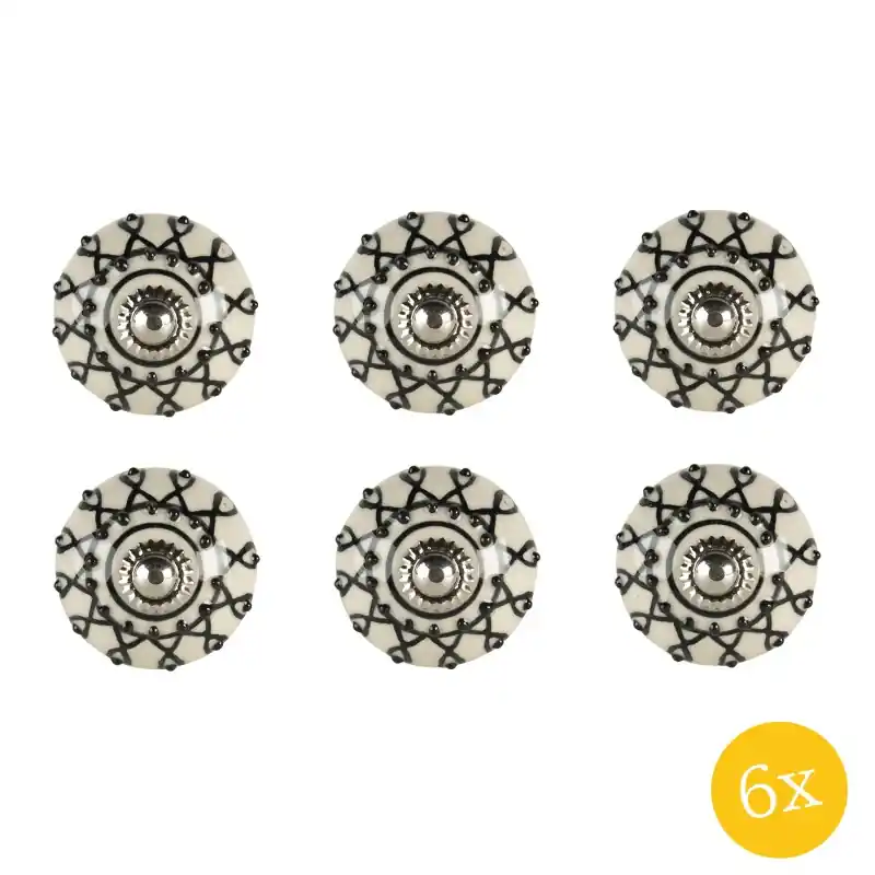 Express Levering Clayre & Eef Deurknop set van 6 stuks 4x6 cm Wit Zwart Keramiek Rond Meubelknop