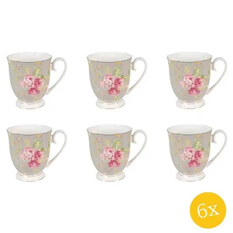 Uitverkoop Clayre & Eef Mok set van 6 stuks 290 ml Groen Wit Porselein Rond Bloemen Koffiemok
