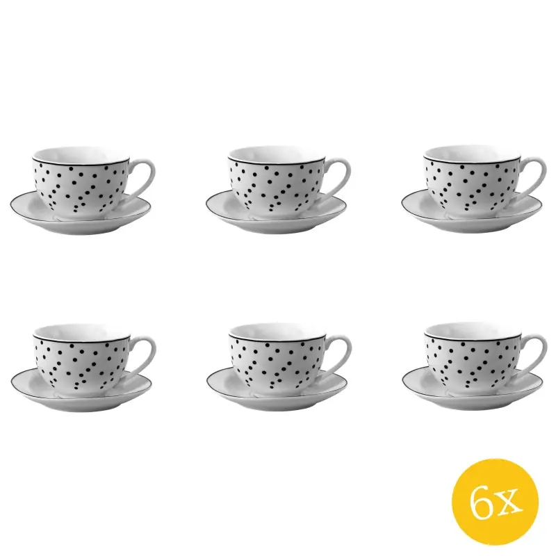 Clayre & Eef Kop en schotel set van 6 stuks schotel 238 ml Wit Zwart Porselein Servies Hoge Kwaliteit
