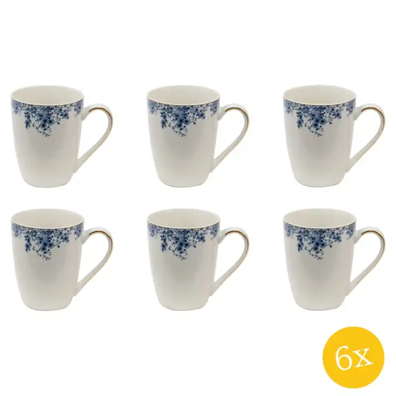 Clayre & Eef Mok set van 6 stuks 330 ml Blauw Porselein Bloemen Theemok Goedkoop