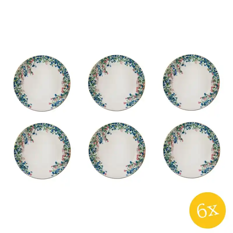 Clayre & Eef Ontbijtbord set van 6 stuks Ø 21 cm Blauw Wit Porselein Bloemen Bord Hoge Kwaliteit