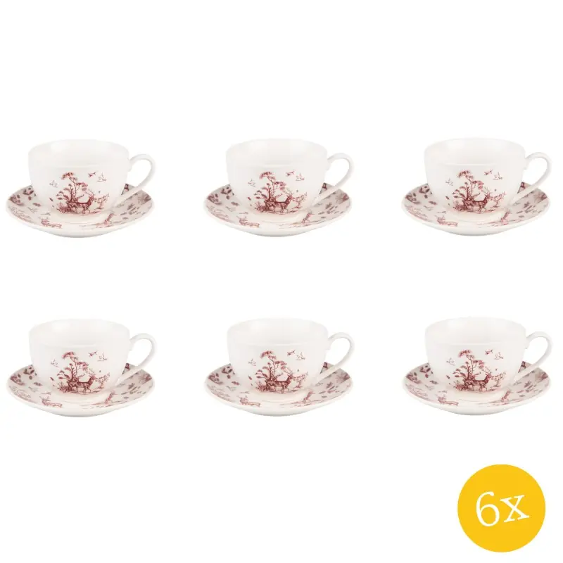 Beste Prijs Clayre & Eef Kop en schotel set van 6 stuks schotel 200 ml Beige Rood Porselein Rendieren en bomen Servies
